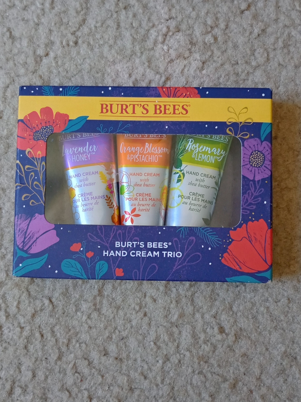 Burt's Bees Hand Cream Trio - Purple, Orange, Green Box